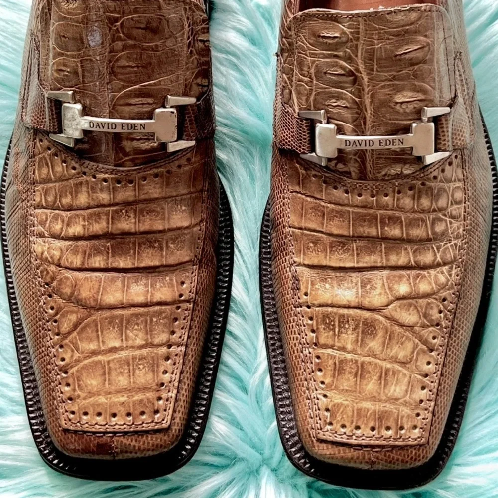 David Eden Genuine Crocodile Vintage Leather Golden Tan Oxford Loafer Men’s 10.5